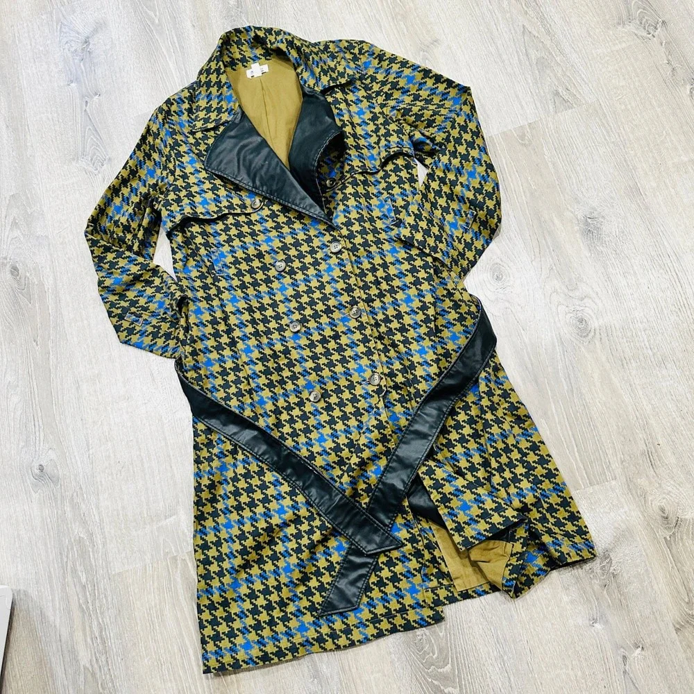 The Drop signedblake Houndstooth Trench Coat Olive Blue Faux Leather Trim M - Picture 3 of 16